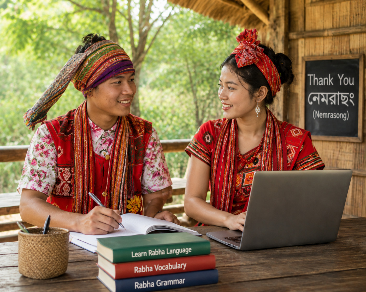 Young students learning Rabha language in authentic traditional Rabha dress from Assam