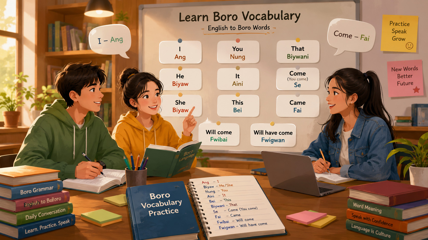 Students improving Boro vocabulary with useful words and meanings