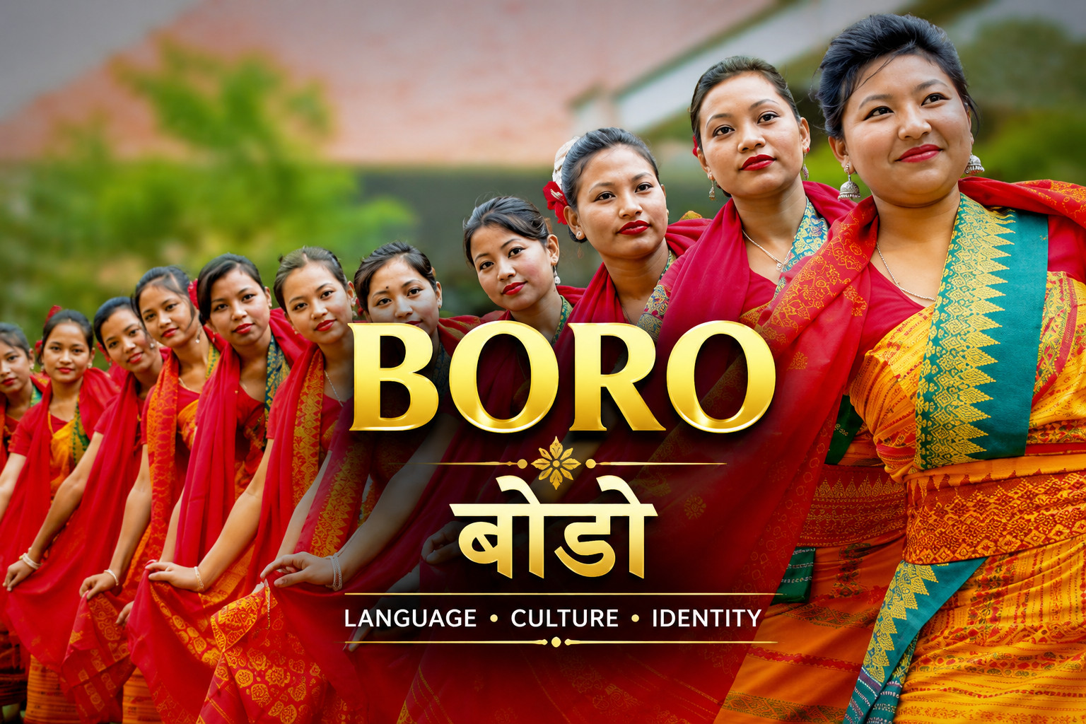 Boro language learning banner featuring traditional Bodo cultural dress, Assamese tribal heritage and Bodo identity.