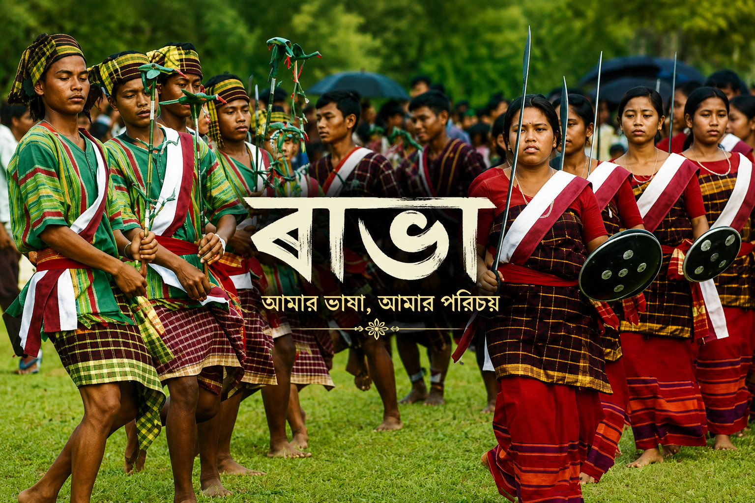 Traditional Rabha community festival in Assam showing men and women in colorful cultural dress performing dance and traditional celebration with the Assamese text “ৰাভা” in the center.