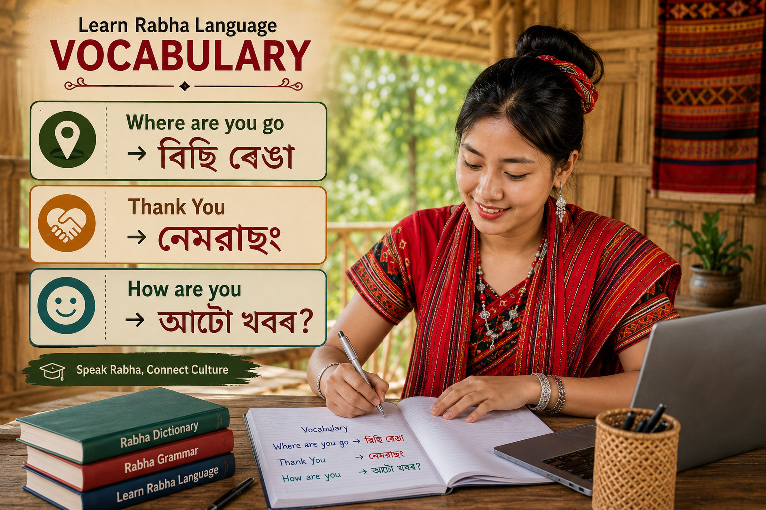 Rabha vocabulary learning lesson with traditional Rabha culture and Assamese language words