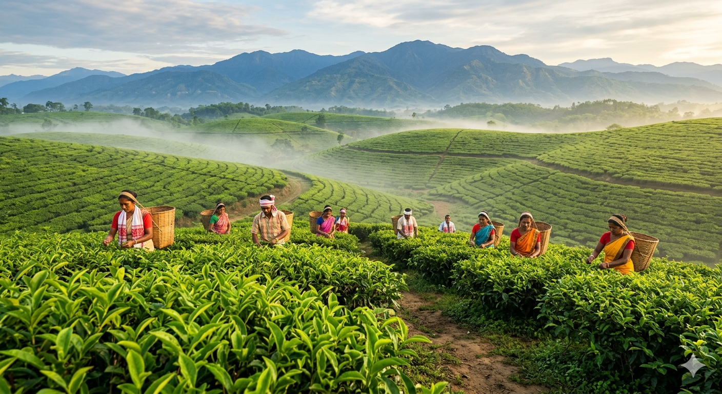 Beautiful tea garden landscape of Assam with lush green hills, morning mist, and tea workers picking leaves in a peaceful natural environment